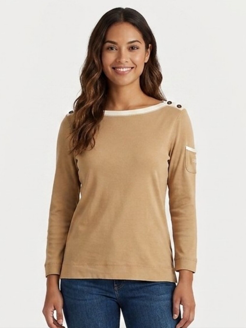Lauren Ralph Lauren Camel Long-Sleeve Boatneck Top with Cream Trim